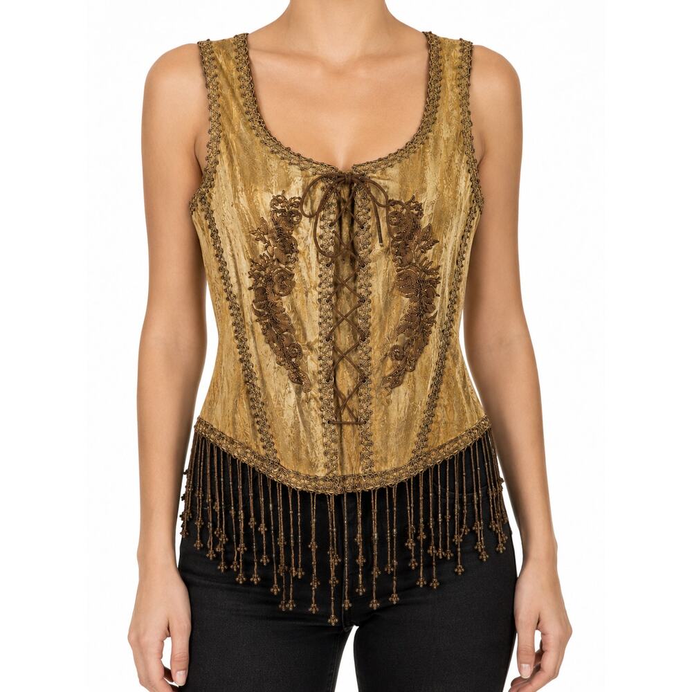 Pat Dahnke Antique Gold Corset Fringe Vest XL Boho Renaissance NWT